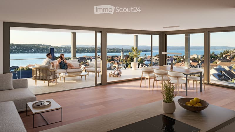 Modern living room with large windows offering a scenic view, featuring a sofa, coffee table, dining area with chairs and table, and decorative plants.