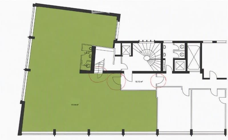 Floor plan of a house with a large living area, kitchen, multiple bedrooms, bathrooms, and a balcony.