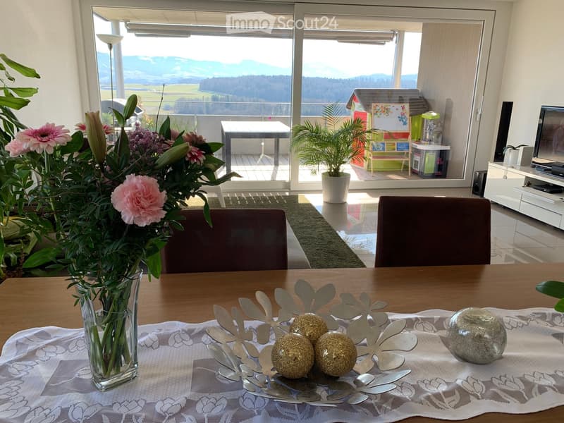 Bright living room with large windows offering a scenic mountain view, featuring a wooden dining table with a floral centerpiece, chairs, a television, and potted plants.