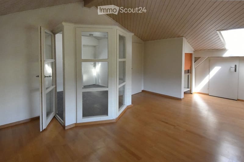 empty attic room, wooden floor, wooden ceiling, glass door, skylight