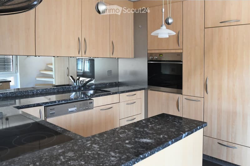 modern kitchen with marble countertops, built-in dishwasher and washing machine, gas stove, stainless steel appliances
