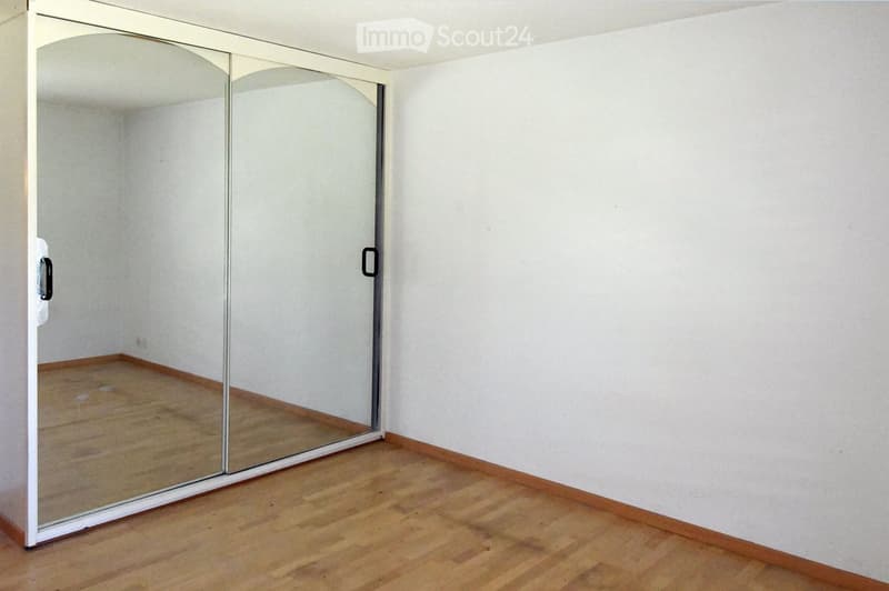 empty room, sliding mirror doors, wooden floor, white walls