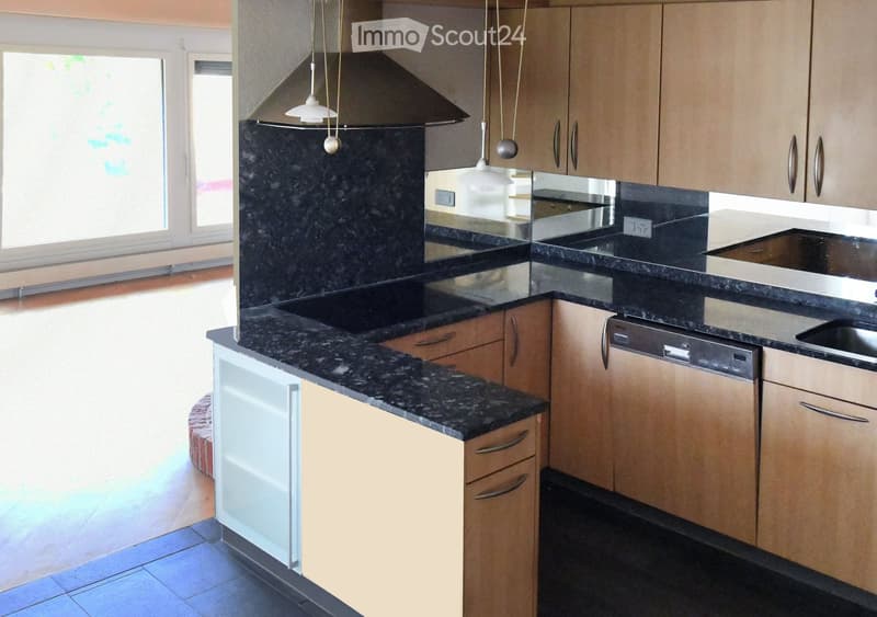 kitchen, granite countertops, modern cabinets, built-in dishwasher, stove, extractor hood, kitchen island
