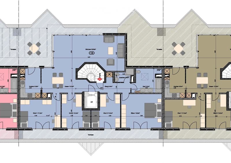 Floor plan of a two-story house with multiple rooms including living area, bedrooms, bathrooms, kitchen, and terraces.