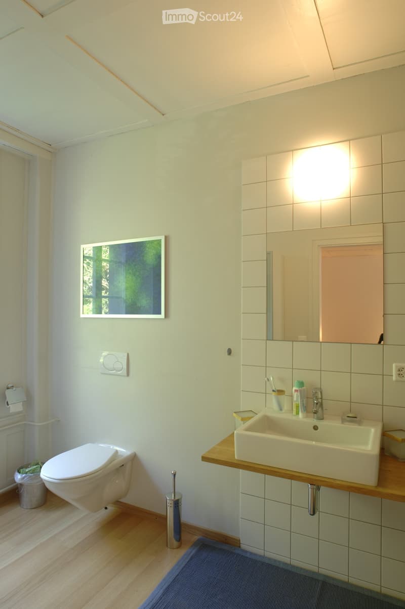 Modern bathroom with white tiled walls, wooden floor, toilet, sink with faucet, mirror, and various toiletries. Features a picture frame on the wall and a small trash bin.