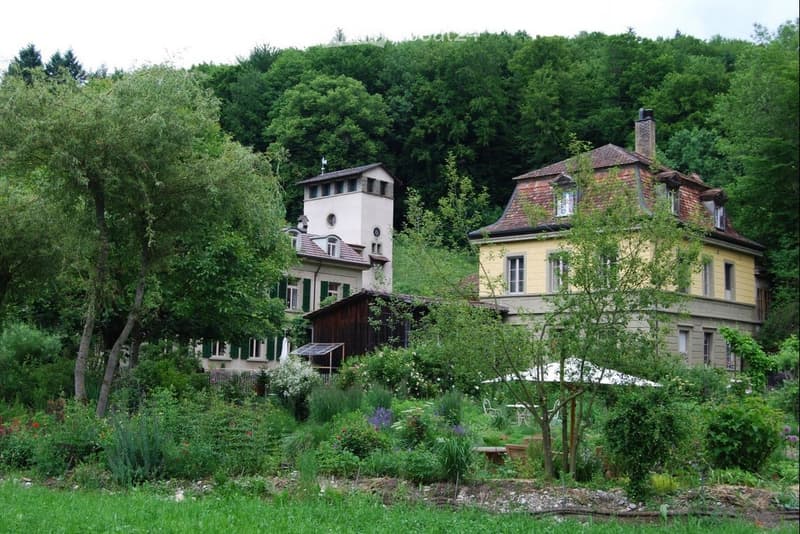 A lush garden area with two historic buildings in the background, surrounded by trees and greenery.