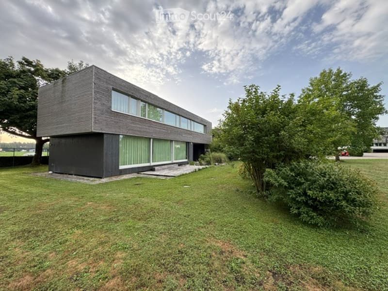 Modern, single-story house with dark grey exterior and large windows, surrounded by a well-maintained lawn and trees.