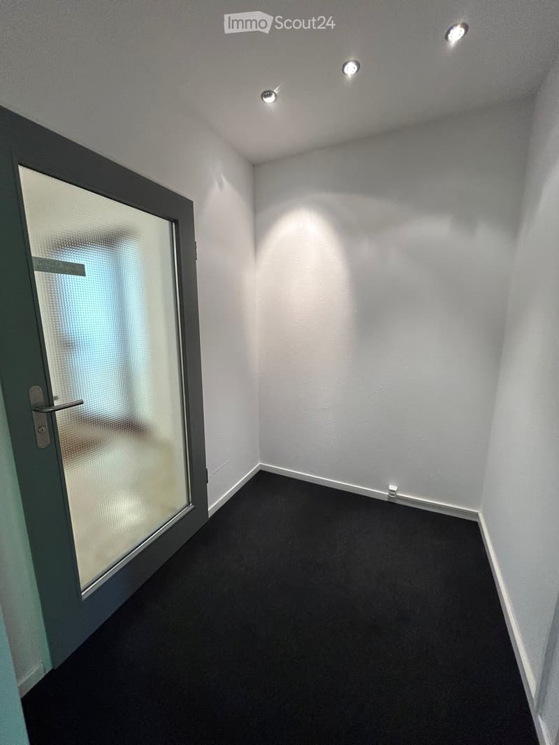 Empty room with white walls, black carpeted floor, and a single frosted glass door with a silver handle.
