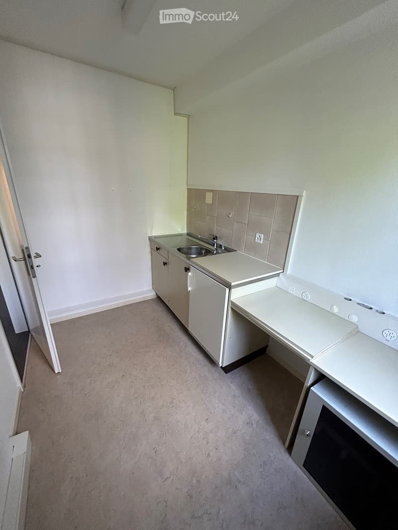Empty room with light-colored walls, carpeted floor, and a small kitchenette area featuring a sink, countertop, and cabinets.