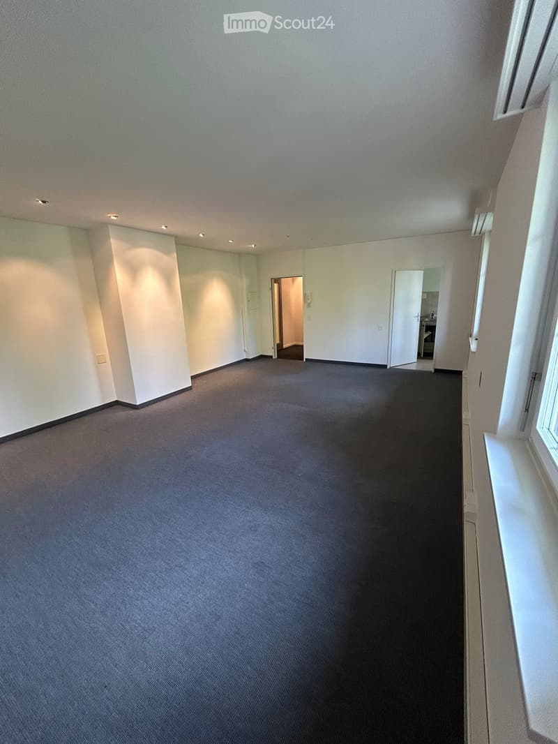 Empty room with grey carpet, white walls, and recessed ceiling lights. Two open doors lead to adjacent spaces.