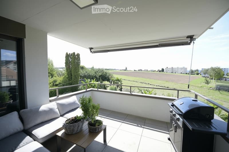 Balcony with a modern retractable awning, tiled floor, grey sofa, small wooden table with potted plants, and a grill.