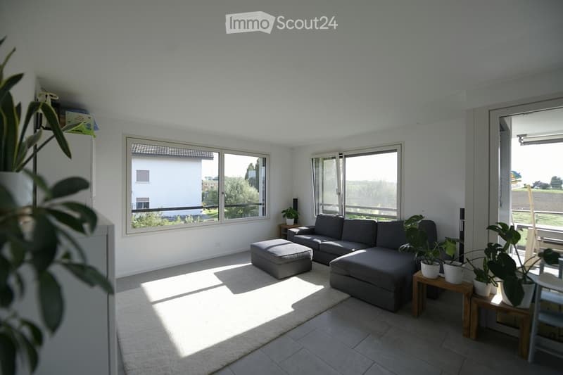 Bright living room with large windows, grey sectional sofa, ottoman, small wooden side tables, and potted plants.