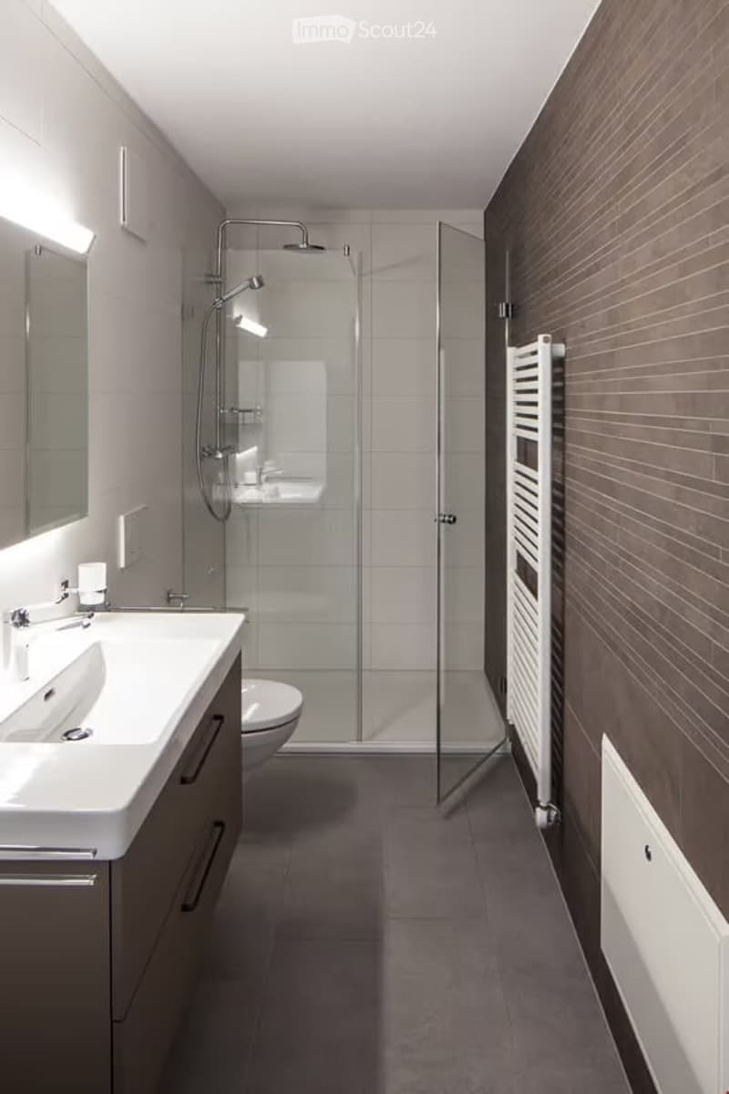 Modern bathroom with a white sink, mirror, toilet, glass-enclosed shower, and a white radiator on the wall.