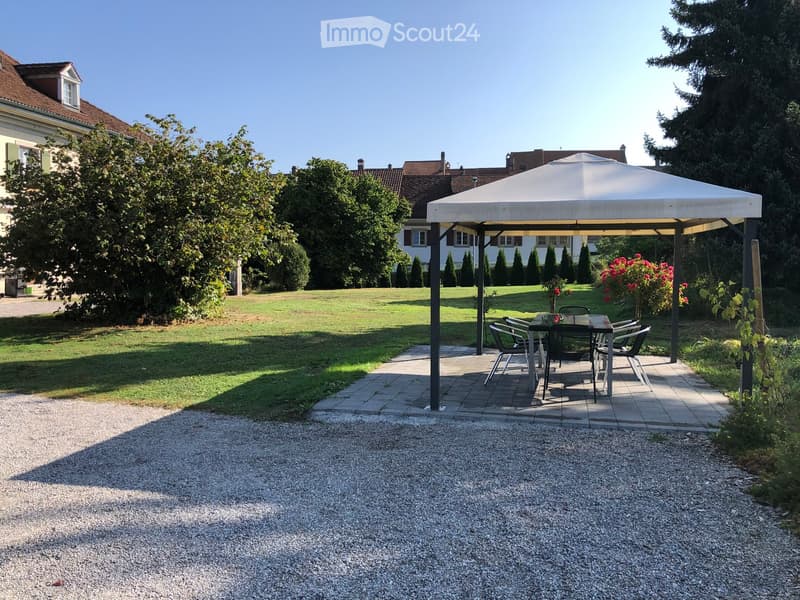 Outdoor garden area with a patio, table, chairs, and a large lawn surrounded by trees and houses.