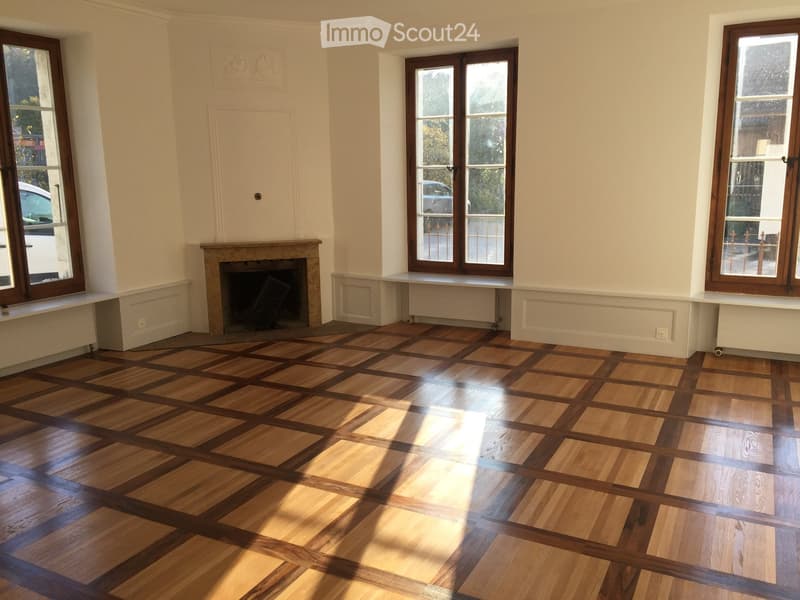 Empty room with wooden checkered flooring, white walls, large windows, and a fireplace.