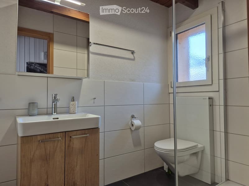 Modern bathroom with a white sink, wooden cabinet, mirror, toilet, and a small window above the shower area.