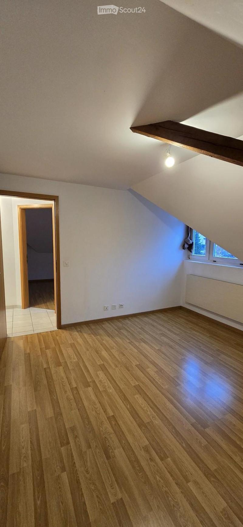 Empty attic room with wooden flooring, white walls, and a skylight window. No furniture or equipment present.