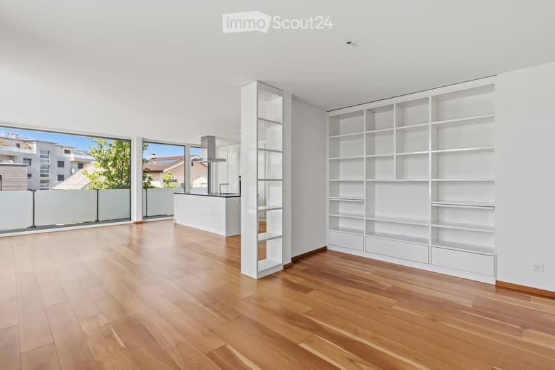 Bright, open-plan room with light wooden flooring, white walls, large windows, and built-in white shelving units. No furniture or personal items present.
