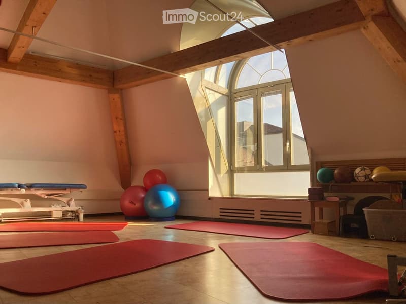 room with red yoga mats, wooden beams, medical equipment, exercise balls, large window