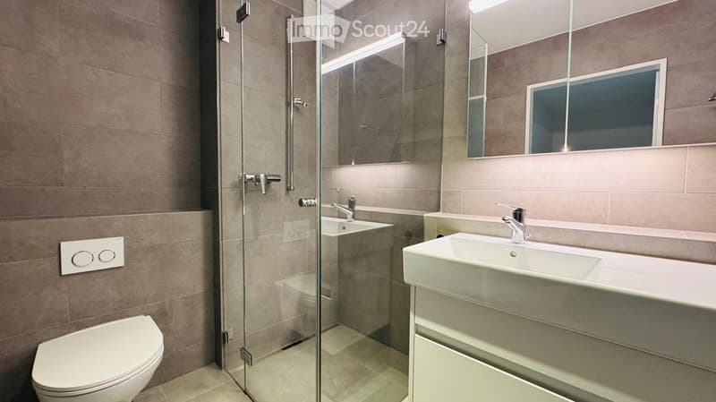 Modern bathroom with a glass-enclosed shower, a toilet, a double sink with modern faucets, and a large mirror above the sink.