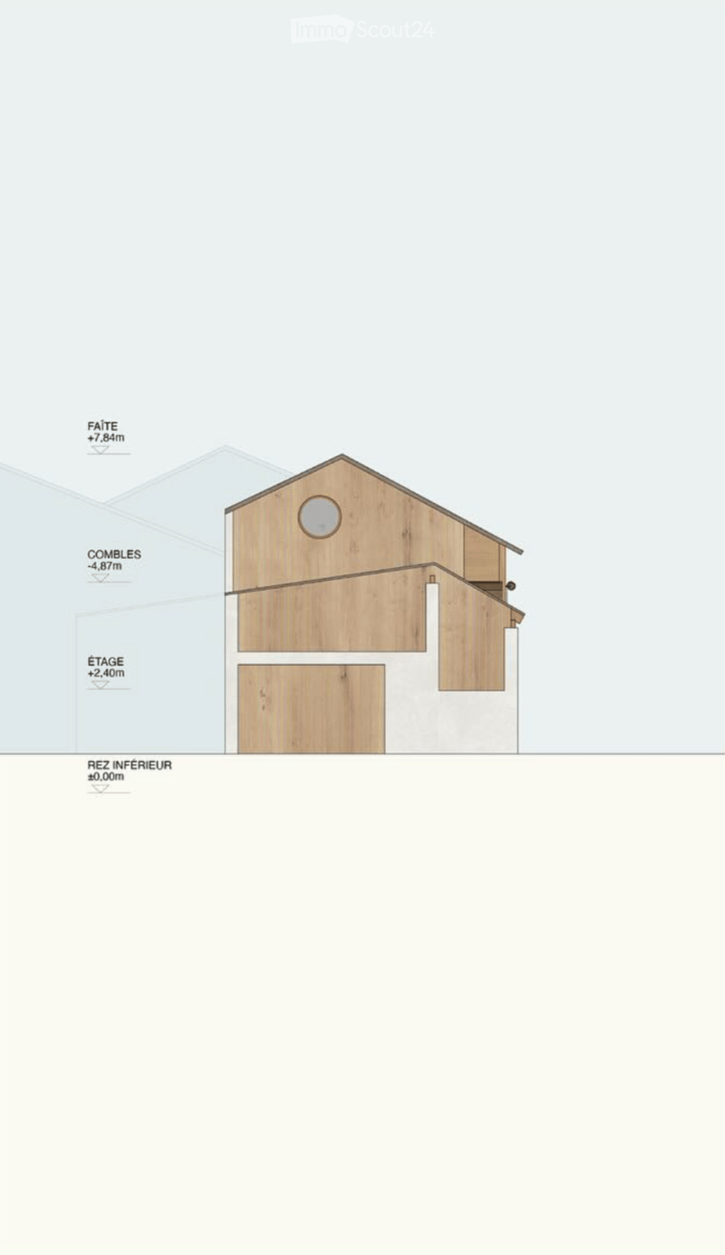 Architectural floor plan of a multi-level wooden structure with labeled levels: Rez Inferieur, Etage, Combles, and Faite.