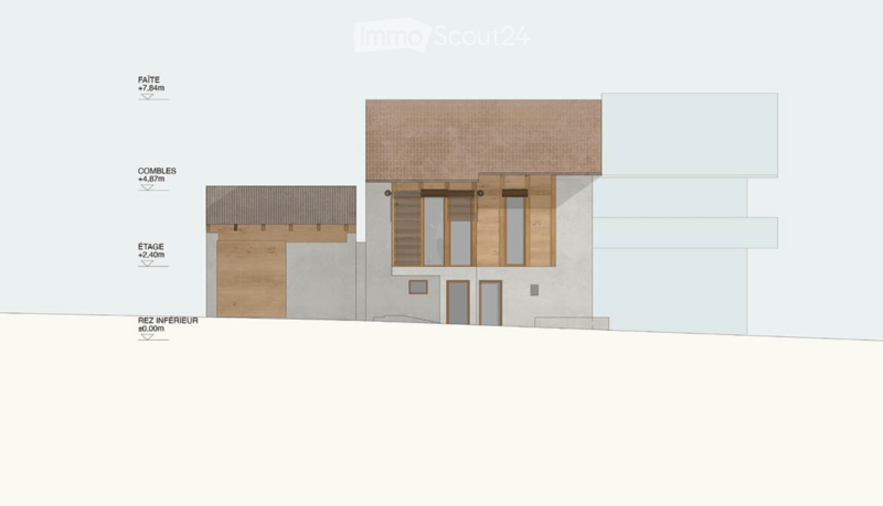 Elevation view of a multi-level building with labeled floors: Rez Inferieur, Etage, Combles, Faite. Features include windows, doors, and structural details.