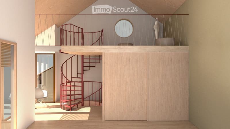Modern hallway with a red spiral staircase leading to an upper level balcony, featuring a round window and a white chair in the background.
