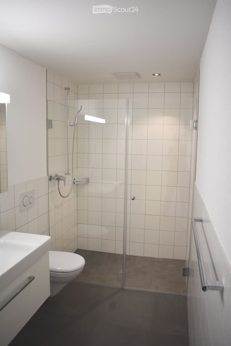 Modern bathroom with white tiles, a glass-enclosed shower, a toilet, and a sink.