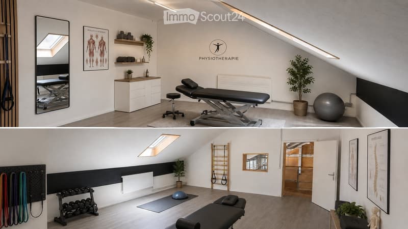 Modern physiotherapy room with slanted ceilings, skylights, treatment table, cabinet, potted plants, fitness ball, and fitness equipment.