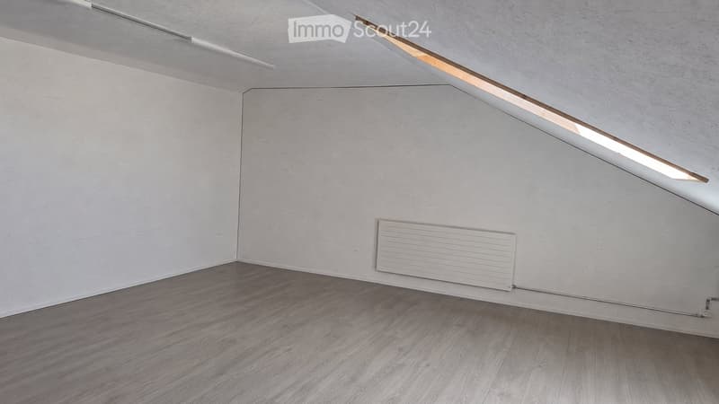 Empty room with light grey walls, wooden flooring, and a white radiator. The ceiling features recessed lighting and skylights.