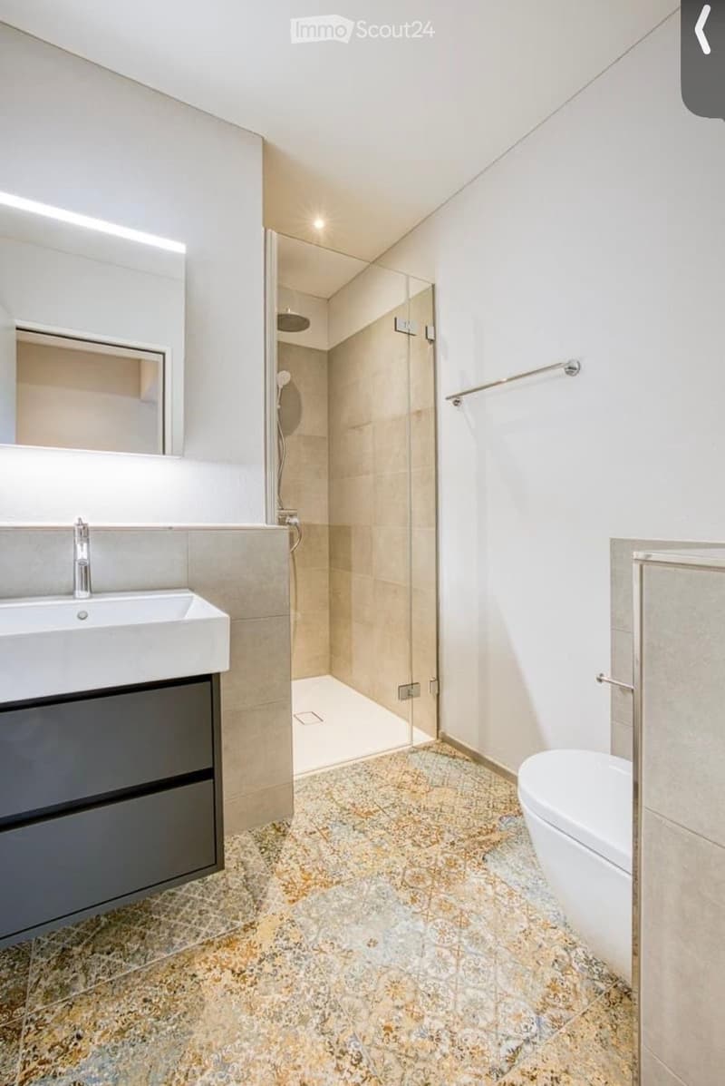 Modern bathroom with a white sink, toilet, glass-enclosed shower, and decorative tiled floor.