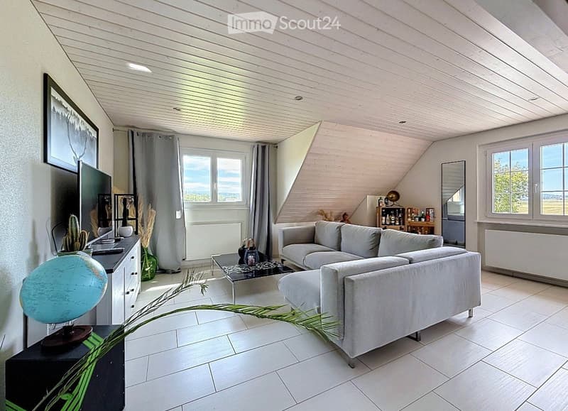 Modern living room with white wooden ceiling, large windows, grey sectional sofa, coffee table, TV, globe, cabinet, and decorative items.