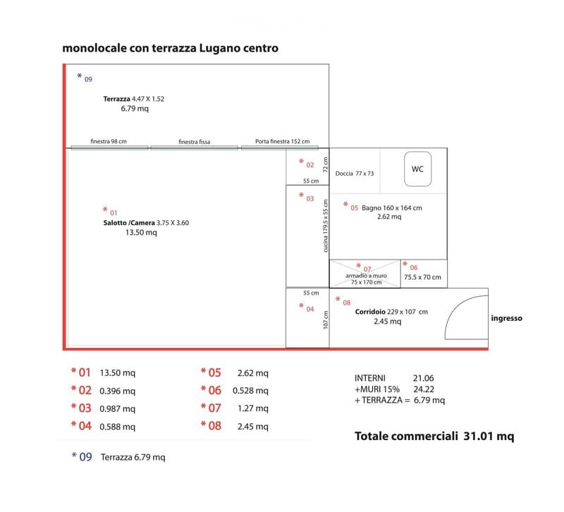 Floor plan of a one-room apartment with a terrace, including a living room, kitchen, bathroom, and corridor.