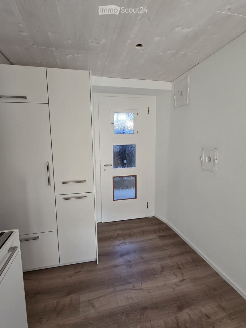 Empty hallway with white walls, wooden flooring, white cabinetry on one side, and a white door with frosted glass panels leading to another room.
