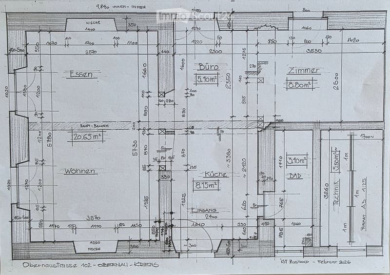 Floor plan of a residential space showing rooms labeled as Wohnen (living), Essen (dining), Büro (office), Zimmer (bedroom), Küche (kitchen), and Bad (bathroom). Dimensions and measurements are indicated throughout the layout.