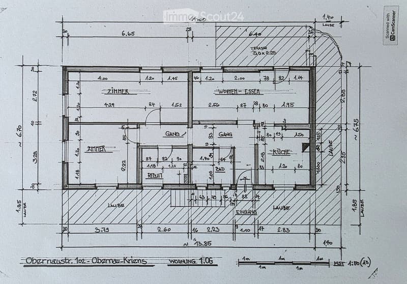 Floor plan of a residential unit labeled "WOHNUNG 1.06" with labeled rooms including "ZIMMER" (bedroom), "WOHNEN-ESSEN" (living-dining), "KÜCHE" (kitchen), "BAD" (bathroom), and entrance area. Dimensions and measurements are provided.