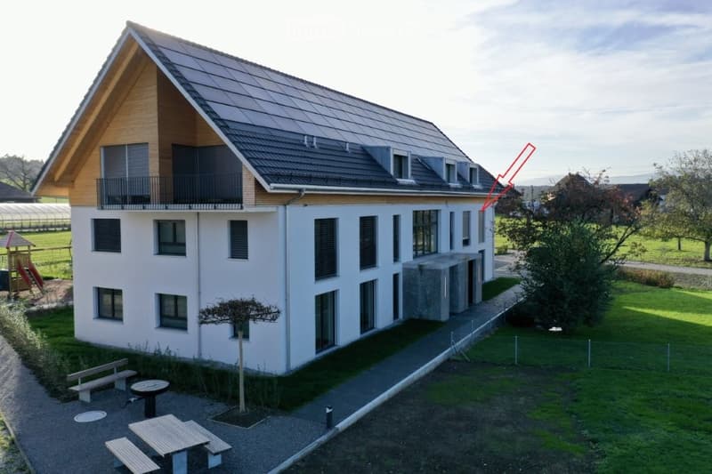 Modern two-story building with white walls, large windows, and a balcony on the upper floor. The roof features solar panels and a wooden facade section. The surrounding area includes a grassy lawn, a small tree, and outdoor seating with benches and tables