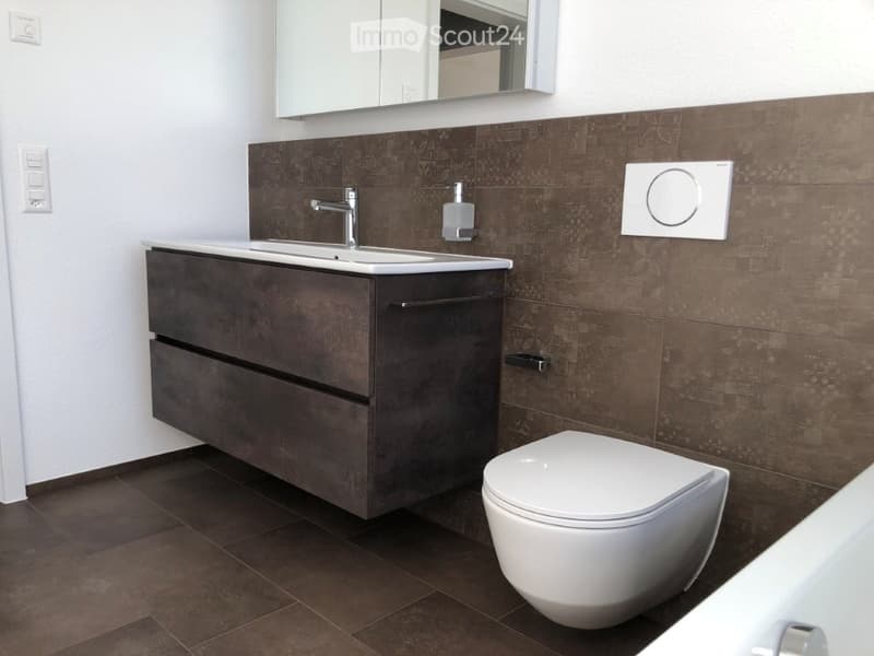 Modern bathroom with dark brown tiles, white sink, chrome faucet, white toilet, and a mirrored cabinet above the sink.