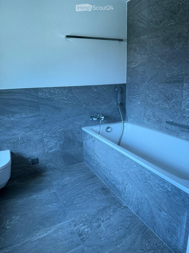 Modern bathroom with a bathtub, toilet, and sleek grey marble tiles on walls and floor.