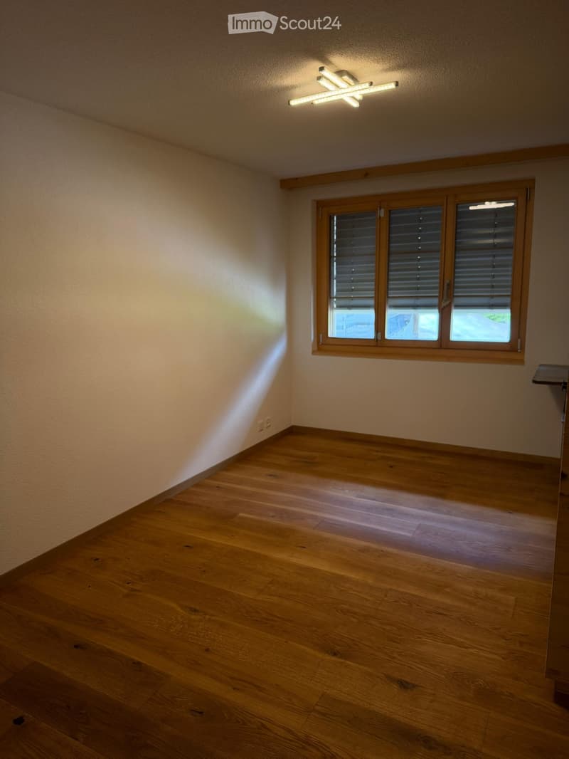 Empty room with wooden flooring, light-colored walls, and a large window with blinds. A ceiling light fixture is visible.