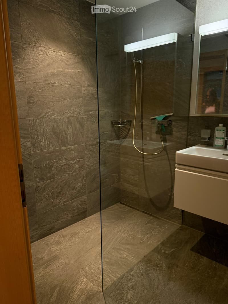 Modern bathroom with marble tiles, glass-enclosed shower, sleek sink, and mirror.