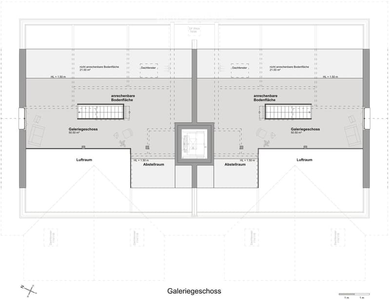 Ground floor with gallery, attic floor with living space, attic floor with storage space, attic with stairwell, basement with storage space
