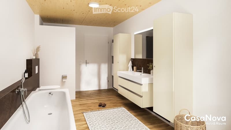 modern bathroom, bathtub, toilet, sink, mirror, wooden floors, white walls, wooden ceiling