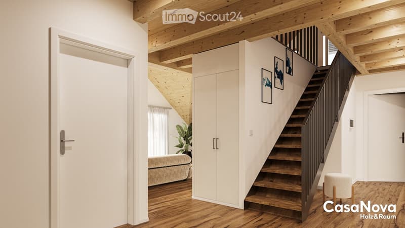 raised ground floor, wooden floor, white walls, white door, large wardrobe, black staircase, small couch, plant
