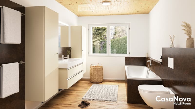 Bathroom with wooden flooring, wall mounted cabinets, bathtub, sink, shower, towel rack, wooden ceiling