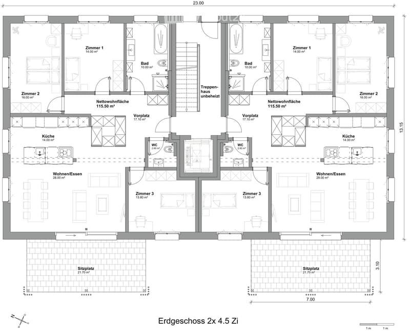 The floor plan is composed of four rooms. Two bedrooms on each side with corresponding bathrooms, two kitchens, two living areas, two bathrooms, and two storage rooms.