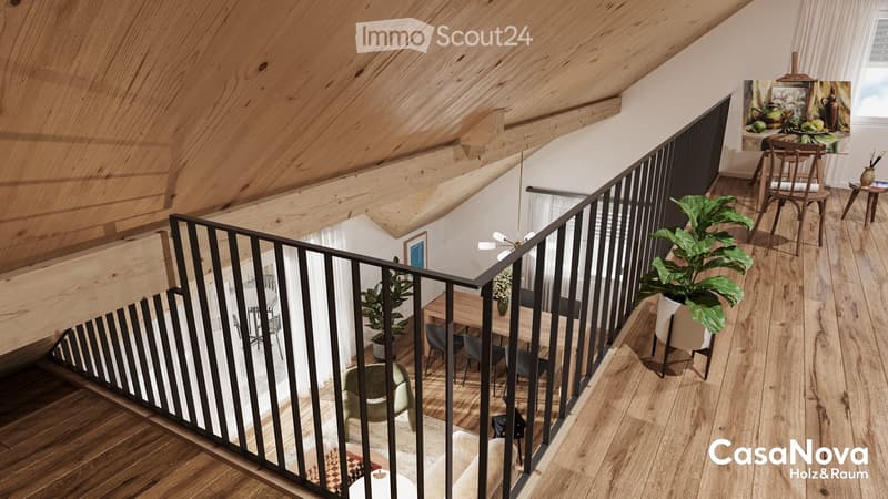 wood floor, wooden beam, stairs, a desk, chair, sofa, coffee table, wooden table, chairs, potted plant, black metal railing, chandelier, art on the wall