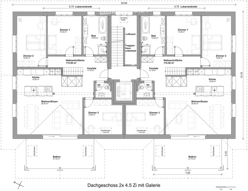 Two living spaces, each with 2 bedrooms, 2 bathrooms, kitchen, entrance hall, and balcony