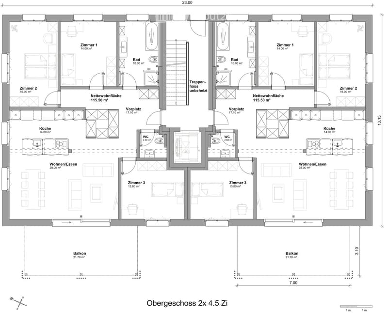 Living room, kitchen, 3 bedrooms, 2 bathrooms, utility room, balconies