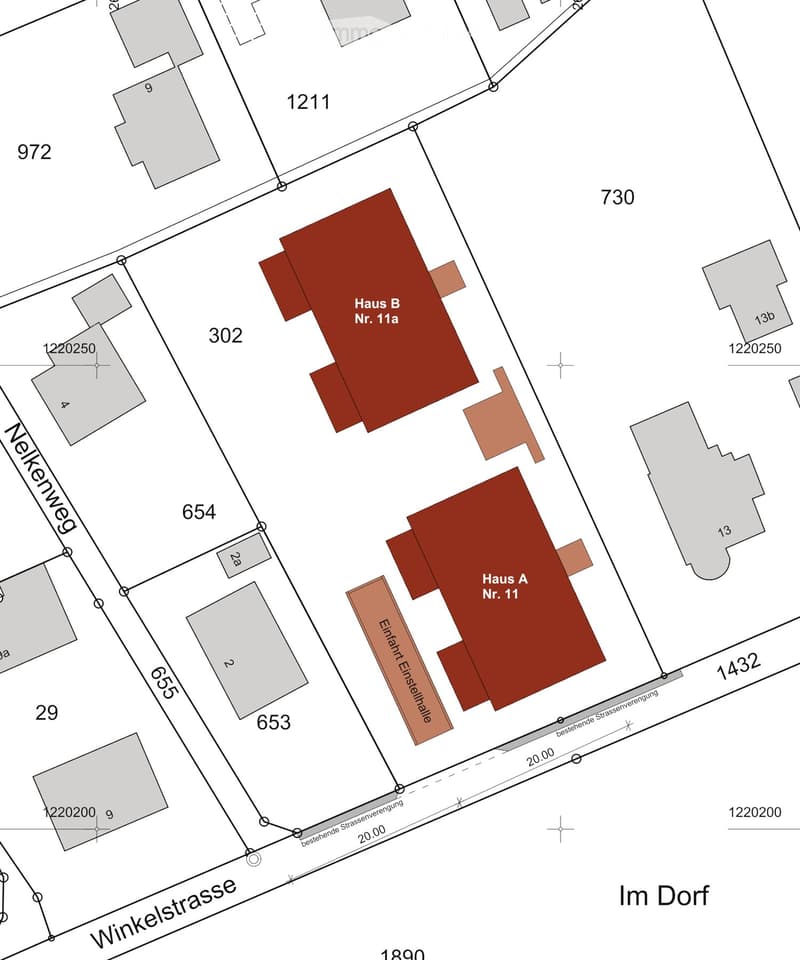 Layout plan of buildings with designated areas for Haus A and Haus B